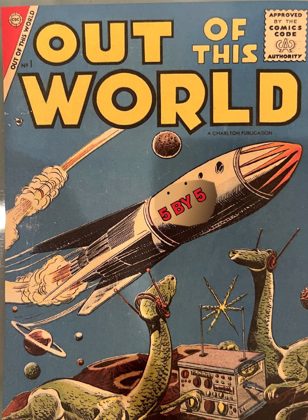 Vintage 1957 comic book cover featuring a rocket and a signal device, both subtly branded with the 5 by 5 Communications logo